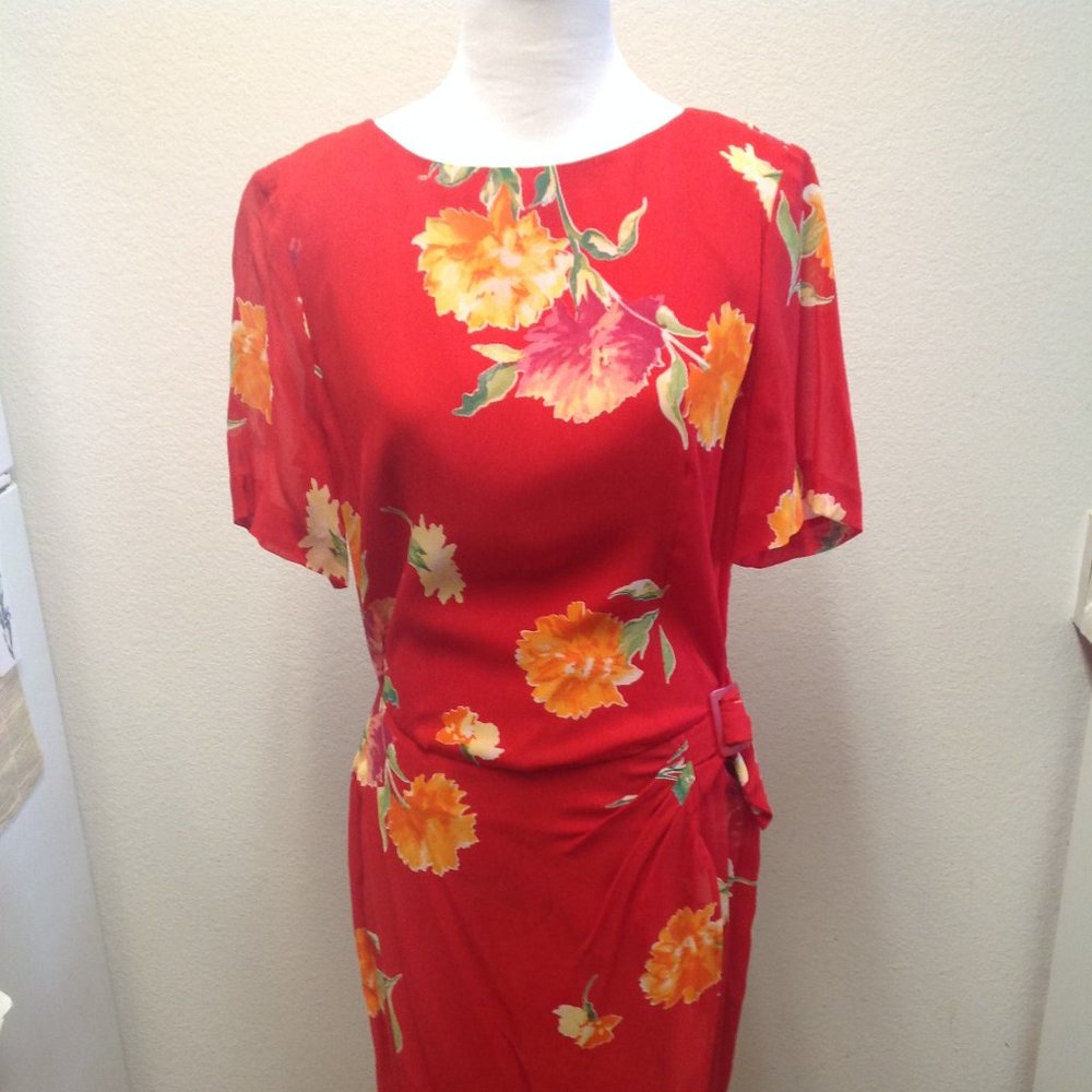 Vintage Liz Claiborne Women’s Shift Dress Floral Multicolor Red Belt Zip Sz 12